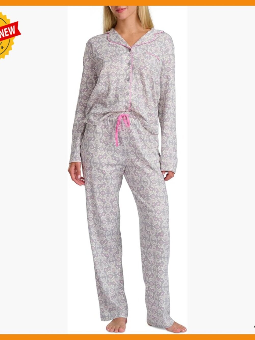 Long Sleeve Notch Collar Pajama Set, Relaxed Fit, Cotton Polyester Blend